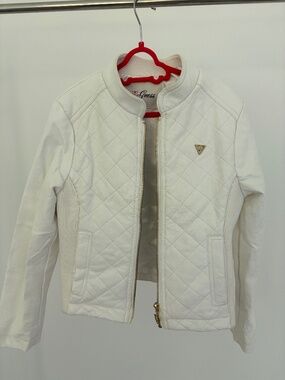 GUESS Girls White Quilted Moto Jacket Gold Hardware Size 8-10